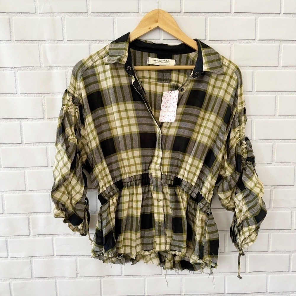 Free People We The Free Plaid Cinched Waist Ruched Sleeve Top Black Combo XS NEW